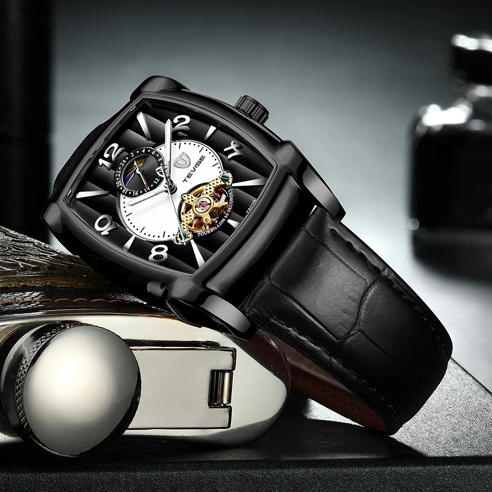 Мужские часы TEVISE s, механические часы с Луной фазой турбийон, мужские кожаные светящиеся спортивные наручные часы, мужские часы