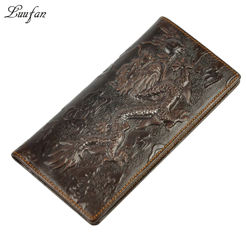 

Men's genuine leather dragon wallet embossed real Leather bifold long wallet with Zipper Pocket and phone pocket fashion purse