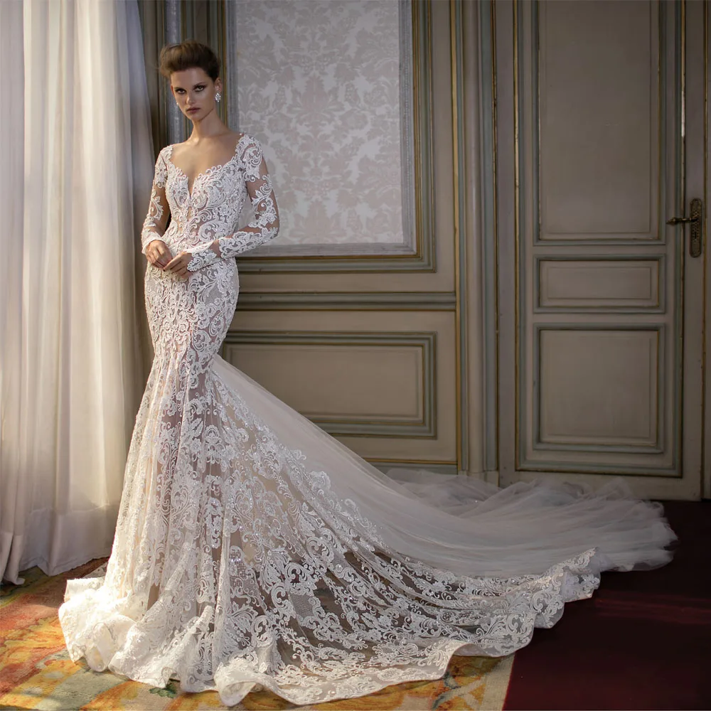 Wedding Unique Wedding Dress unique mermaid promotion shop for promotional on v neck long sleevs beading applique wedding dress see through back lace bride dresses vestido de noiva