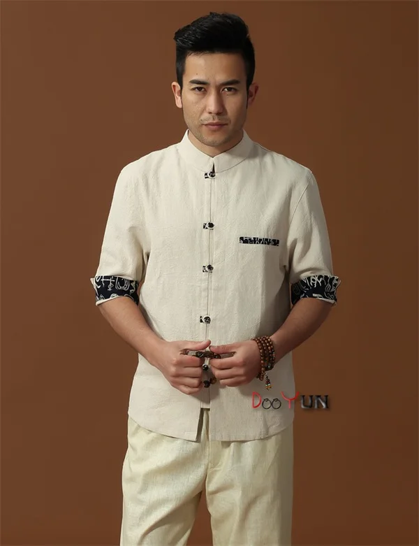 Горячая Распродажа Белая китайская мужская хлопковая льняная Классическая рубашка Кунг-фу китайская пуговица костюм Тан Размер S M L XL XXL XXXL - Цвет: Бежевый