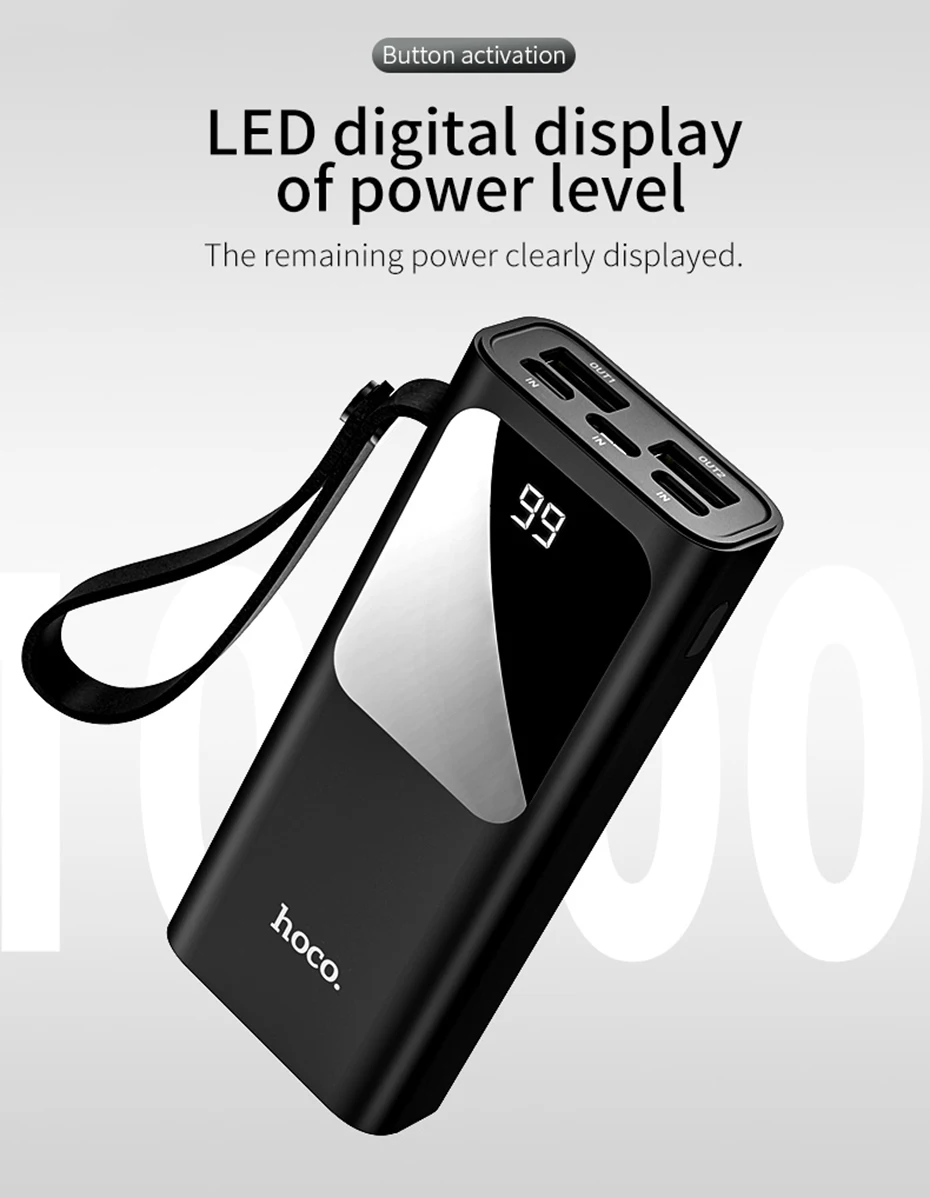 HOCO power Bank 10000 мАч Мини USB светодиодный дисплей внешний аккумулятор портативный внешний аккумулятор для iphone X xiaomi Быстрая зарядка со шнурком