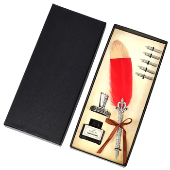

1Set English Calligraphy Feather Dip Pen Writing Ink Set Stationery Gift Box With 5 Nib Wedding Gift Quill Pen Fountain Pen New
