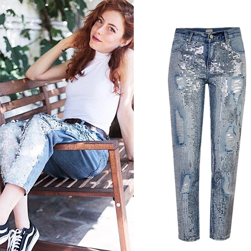 Sequin jeans woman sexy plus size vintage mid waist hole mom boyfriend ripped jeans for women's jeans distressed denim pants