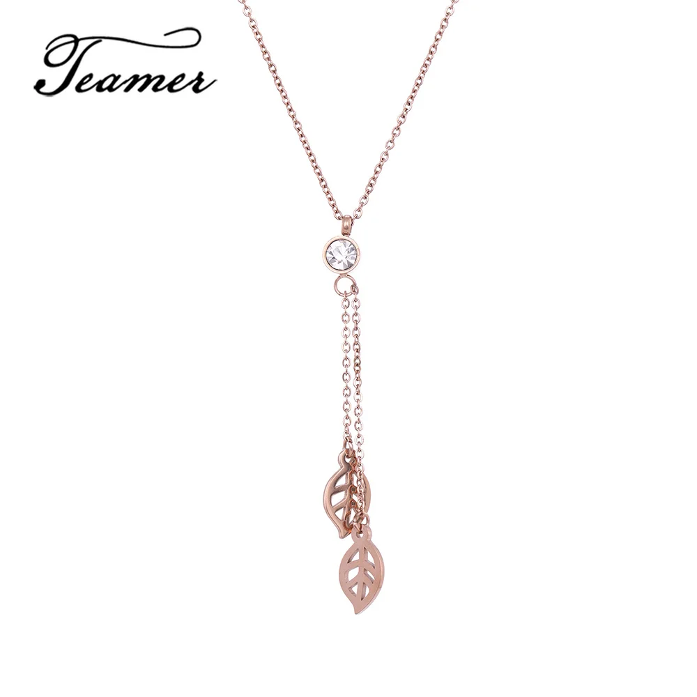 

Teamer Rose Gold Color Stainless Steel Chain Choker Necklace for Women Fashion Jewelry Zirconia Stone Leaf Pendant Necklace