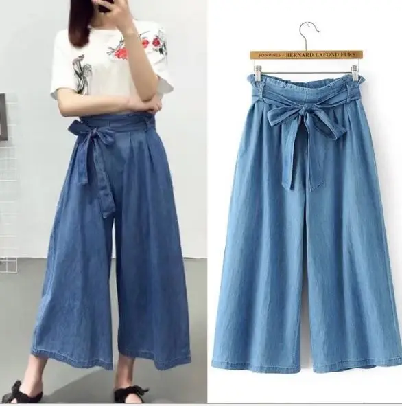 Woman Pants High Waist Summer Jeans New Ladies Wild Banded Bow Wide Leg ...