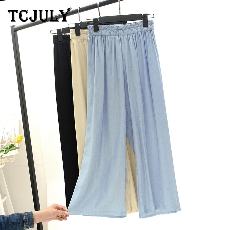 

TCJULY New Design Korean Style Women Wide Leg Pants Solid Elastic Waist Loose Casual Trousers Breathable Slim Ankle Length Pants