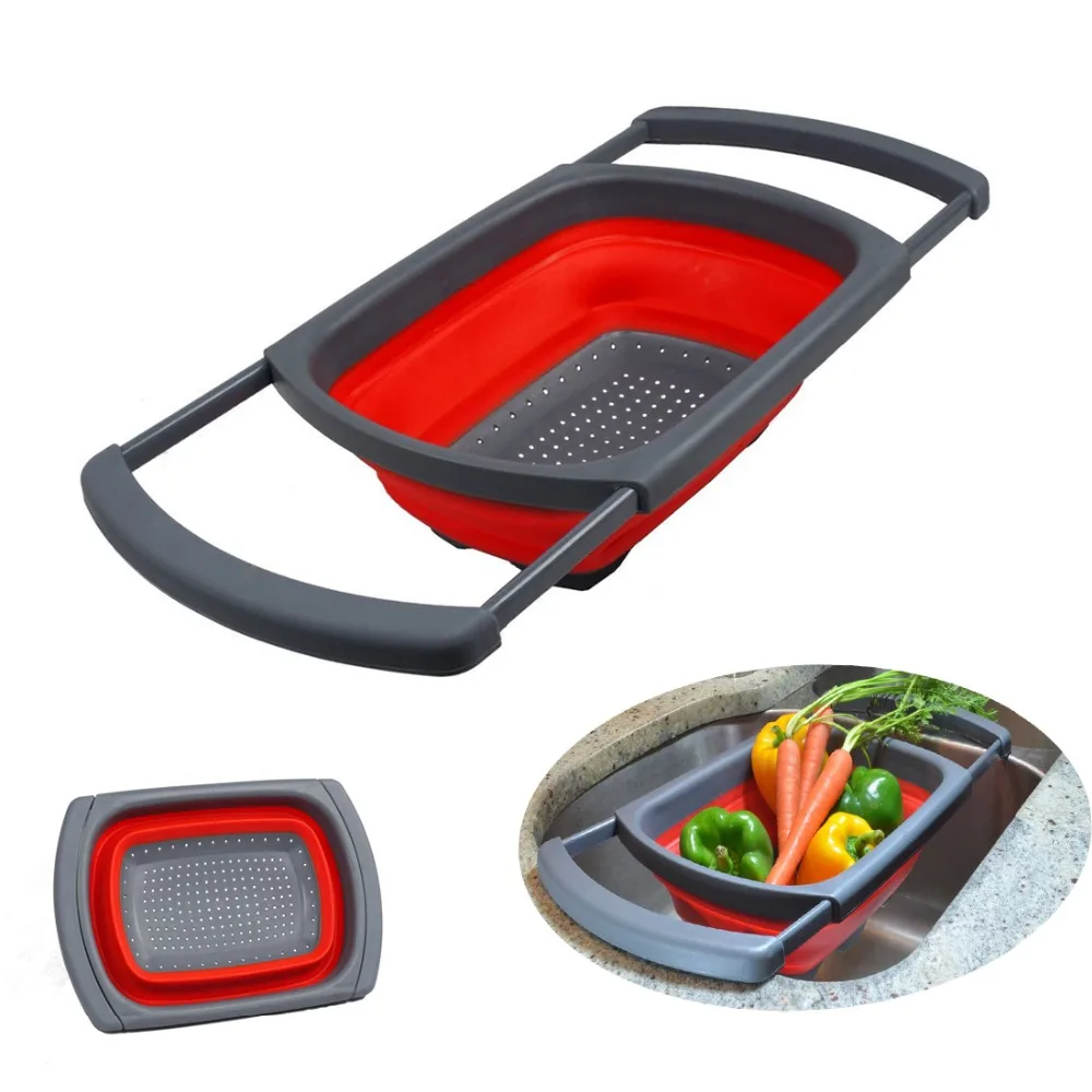1pc Kitchen Collapsible Silicone Colander Strainer Sink Basket Cooking Water Drainager kitchen basket strainer gadget