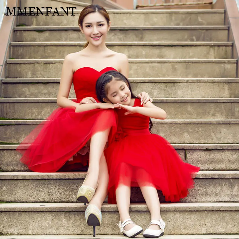 

New Fashion 2018 summer Mother Daughter Dress Girl birthday sleeveless red Dresses baby Girls Clothing Family Matching Outfits