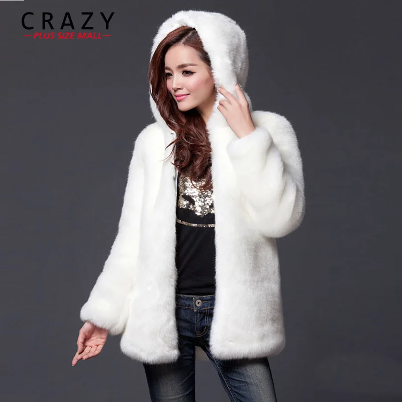 

2019 New Plus Size XL XXL XXXL 4XL 5XL 6XL Winter Warm White Faux Fur Coats With a Hood Luxury Fake Fur Coats For Women