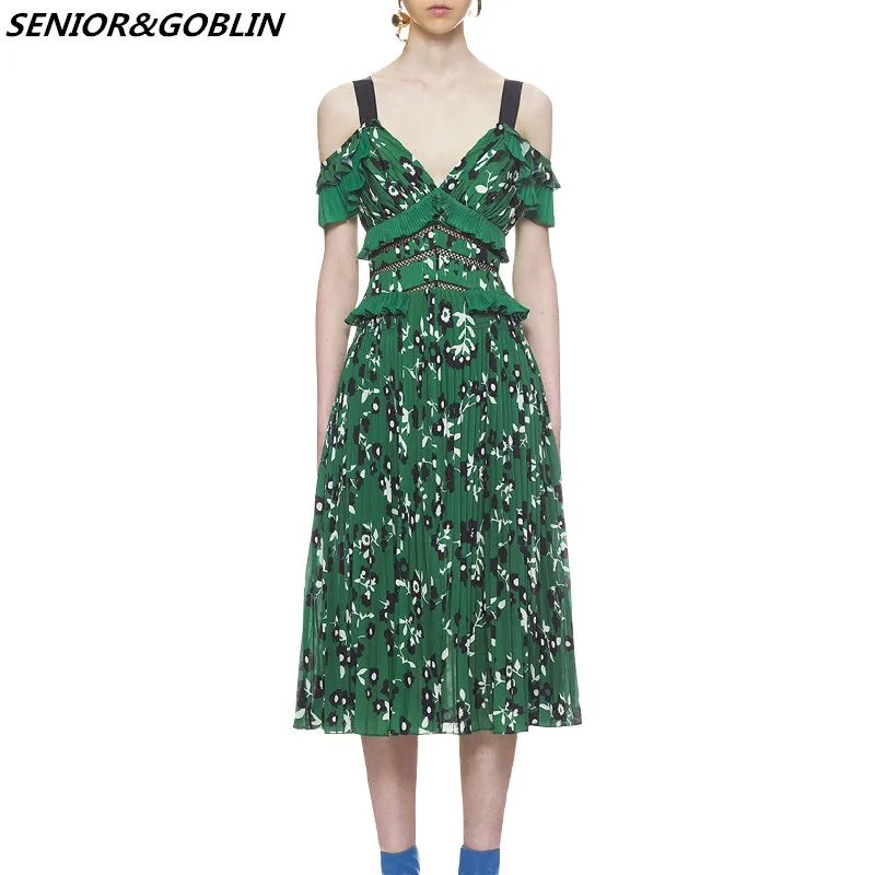 

2019 New Summer Self Portrait Runway V-neck Lace Patwork Print Dress Women's Sexy Backless Pleated Dress Vestidos De Festa