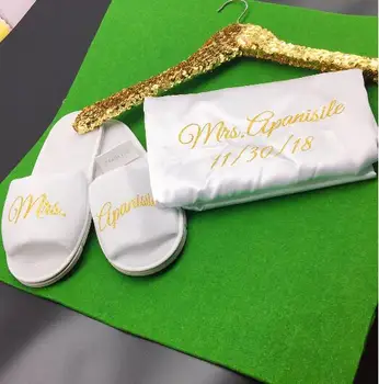 

customize name date gold Wedding Bridesmaid bride Lingerie satin silk pajamas slippers hanger sleeper robes kimonos gowns gifts