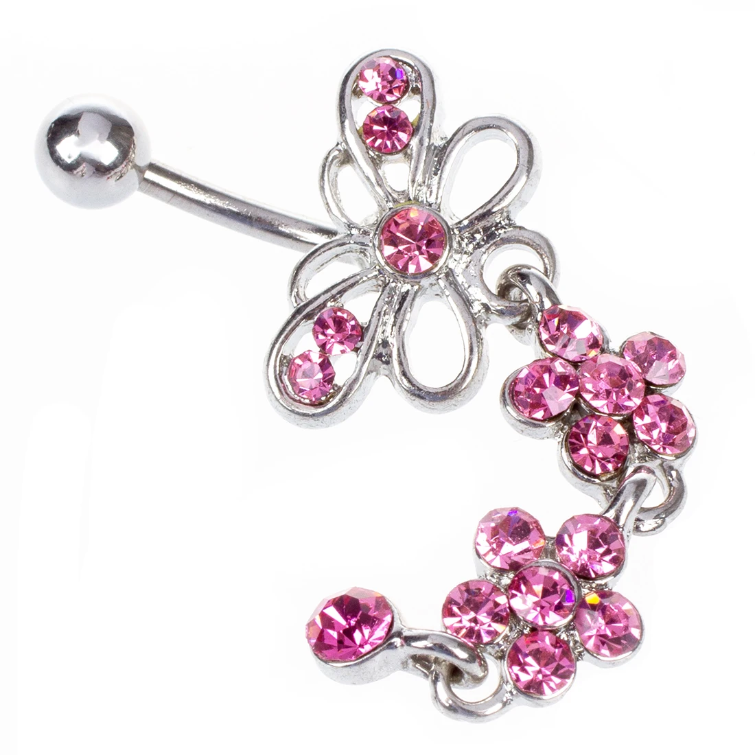 Pink Crystal Flower Dangle Navel Belly Ring Bar Piercing Jewelry |