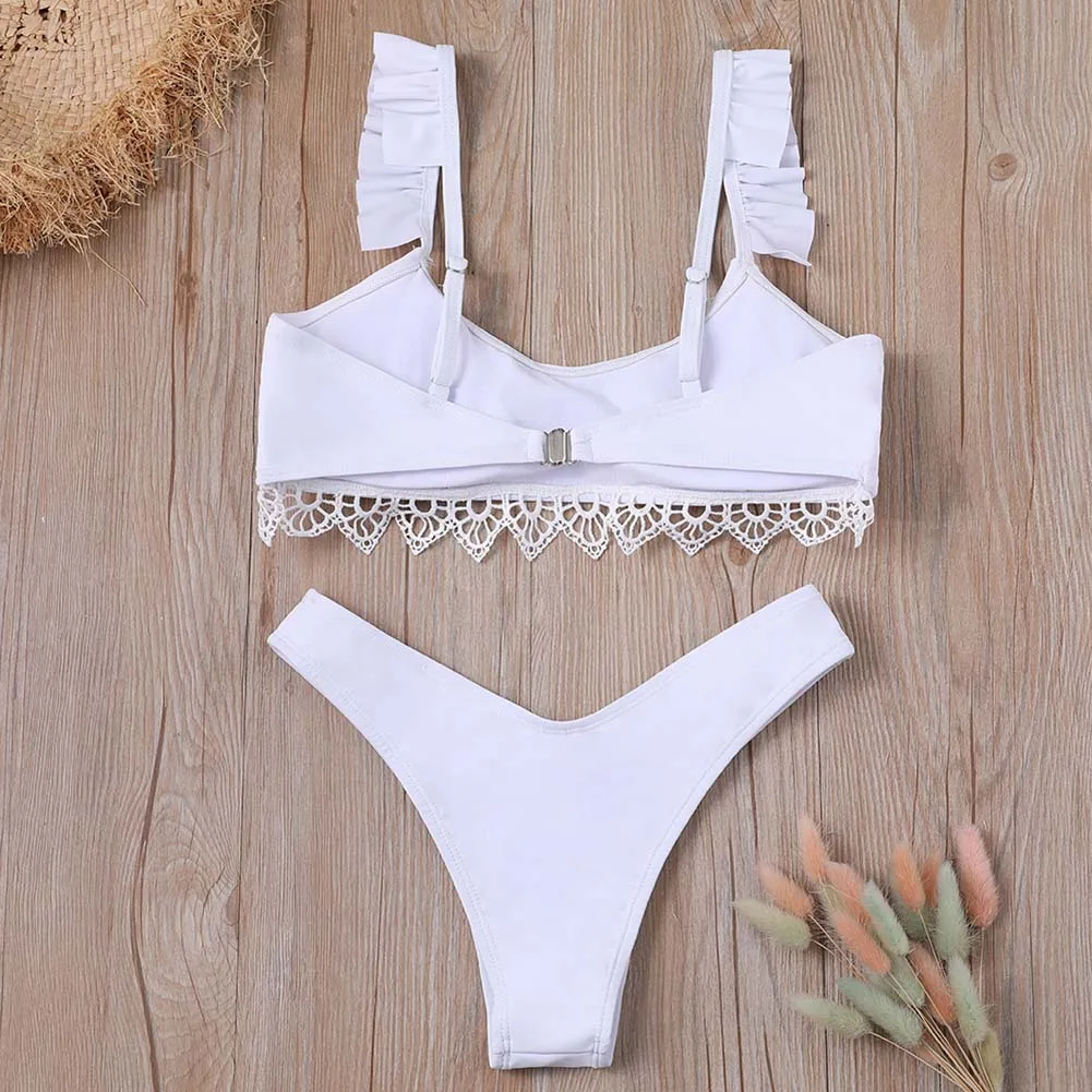

Ladies Split Swimwear Set Solid Color White Lace Bikini Briefs Swimsuits for Beach JT-Drop Ship