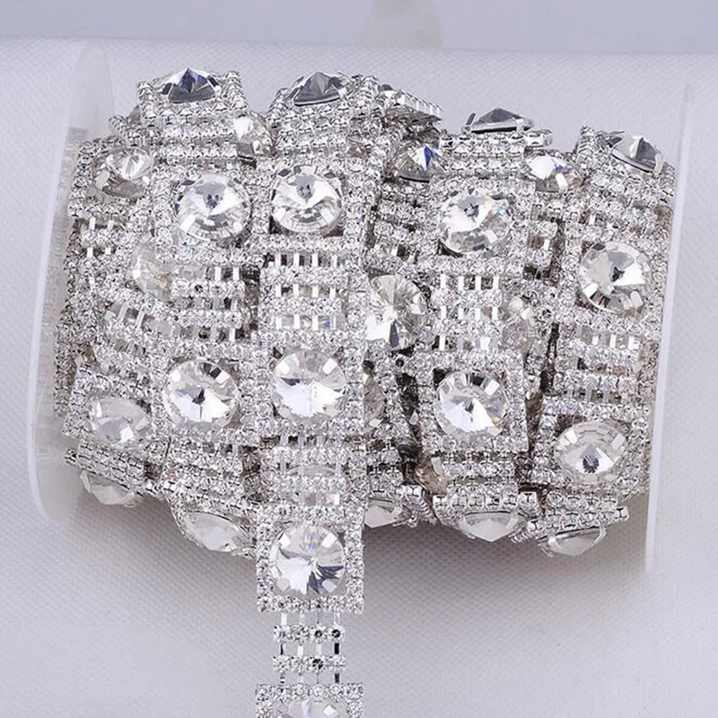 10Yards Costume Applique Clear Square Crystal Rhinestone Trim Silver