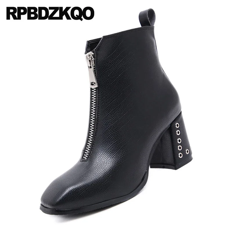 Zapatos Square Alto Lujo Otoño Toe Beige Tacón Corto 2018 Botines Metal Vendimia Chunky De negro Diseñador Señoras Botas Negro Mujer wwYqSpr