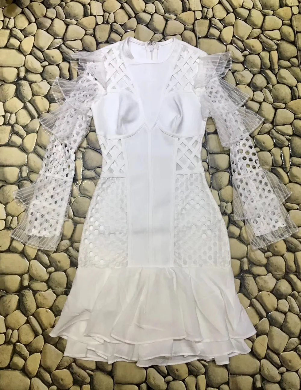Высококачественное белое модное Бандажное платье с длинным рукавом и сеткой, вечернее платье