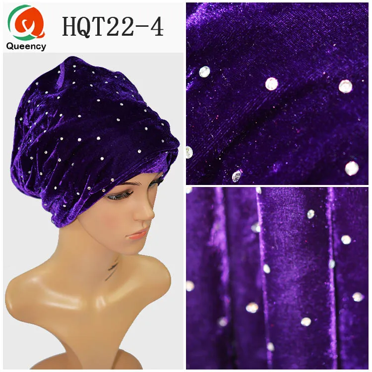 

HQT22 Luxury Headwrap Headband India Muslim Long Tail Caps Head Wraps Scarf Head Wrap African Headtie Woman Velvet Turban Stones