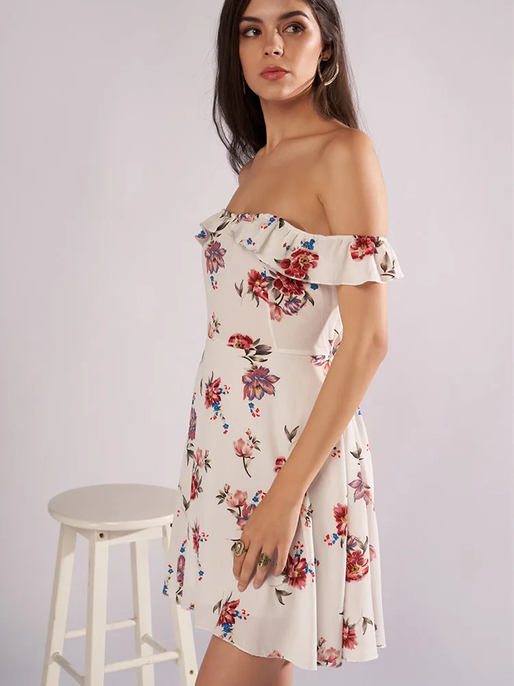

2019 Summer New Wrapped Strapless Ruffle Trim Band High Waist Print Dress Girlish Style Red Rose Flower Dress