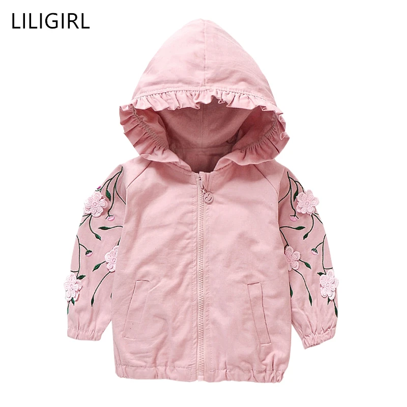 

LILIGIRL Autumn New Baby Girl Clothes Kids Coats Jackets Fashion Flower Embroidery Hoodies Jacket Children Cotton Trench Coat