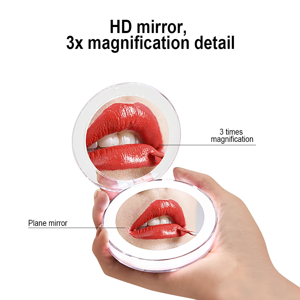 10 Lights LED Mini Makeup Mirror 1X 3X Magnify Hand Held Fold Small Portable Micro USB Connect Cable Built-in Battery Chargeable Sadoun.com