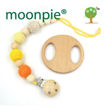 set of mint yellow orange crochet beads baby Pacifier Clip beech Round baby handle teether Dummy holder smooth wood NT171