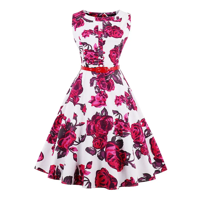 Kostlich 2018 Belt Tunic Women Summer Dress Sleeveless O-Neck Hepburn 50s 60s Vintage Dress Print Elegant Party Dresses Sundress (11)