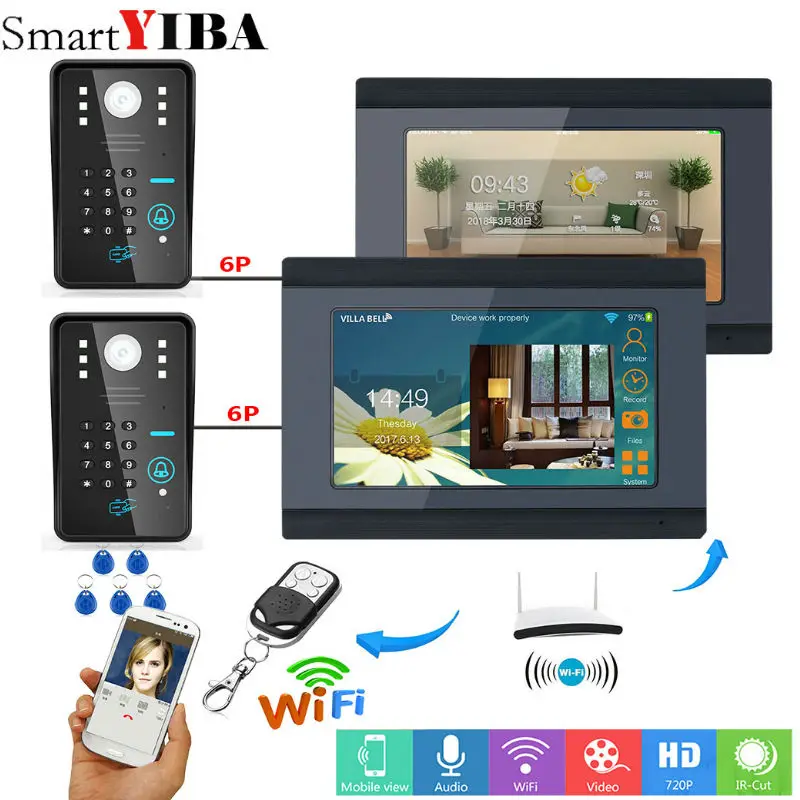 #*Cheap SmartYIBA 7inch 2 Monitors Wired Wireless Wifi RFID Password Video Door Phone Doorbell Intercom Entry System with 2 Wired Camera