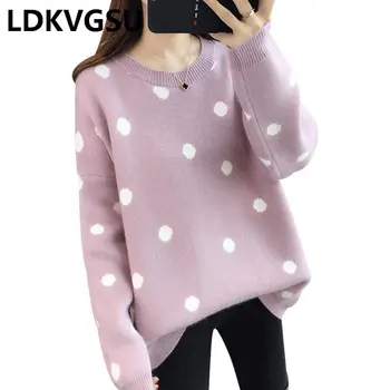 

2018 Autumn Winter New Korean Pullover Knitwear Women's Round Neck Short Sweater Loose Casual Female Dot Knit Tops Is1293