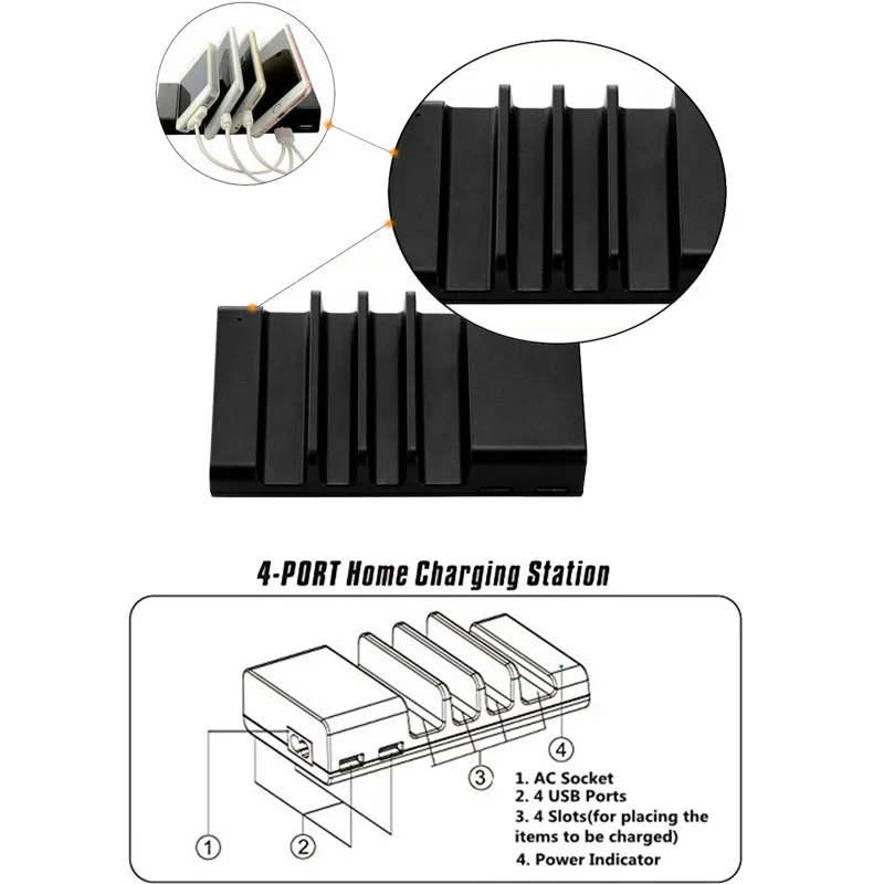 Планшет быстрая зарядка 4 Порты док-станция для зарядки с Usb кабель Usb стенд держатель для iPad 2/3/4, iPad Air 2 для iPhone X, 6, 7, 8