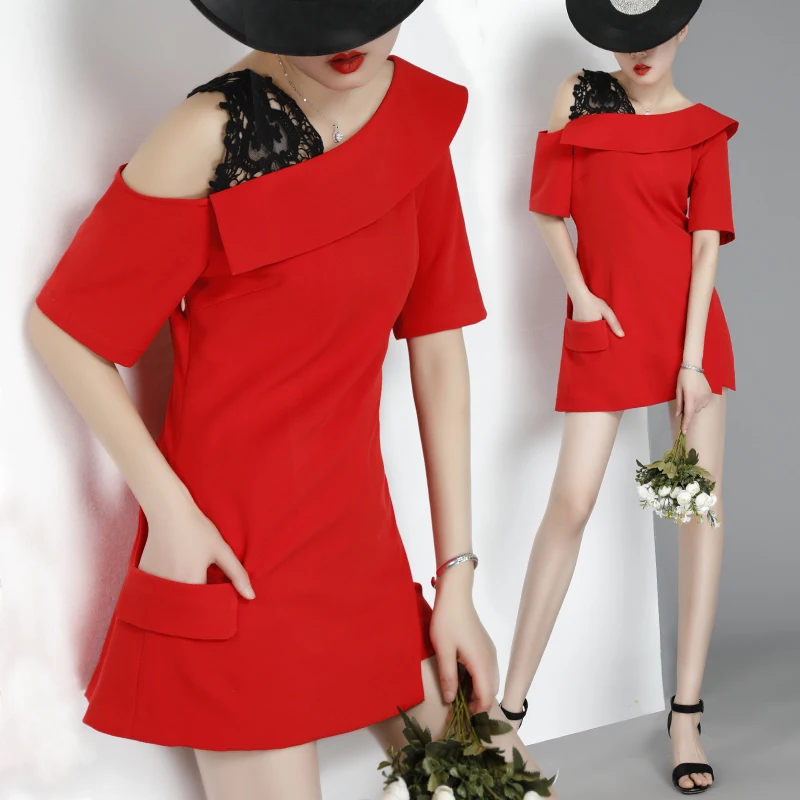 

LANMREM Summer Shirt 2019 Fashion Asymmetrical Patchwork Slash Neck Short Sleeve And Solid Splice Joint Shorts Two Piece Set AG050
