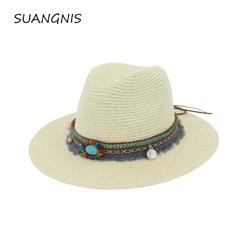 

New Spring Summer Bohemia Style Women's Jazz Caps hats with Wide Birm Women Straw Vintage Hat Floppy Sun Beach Church Cap Gorros