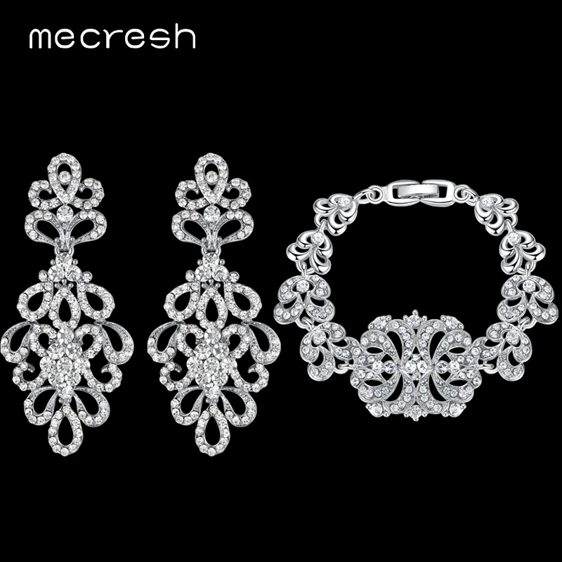 

Mecresh Luxury Crystal Bridal Jewelry Sets Silver/Gold Color Flower Wedding Party Earrings Bracelet Sets for Women EH177+SL040