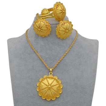Alternative view of Ethiopian Jewelry sets Pendant Necklaces Earrings Ring Bangles for Womens Gold Color Eritrean African Bride Gifts