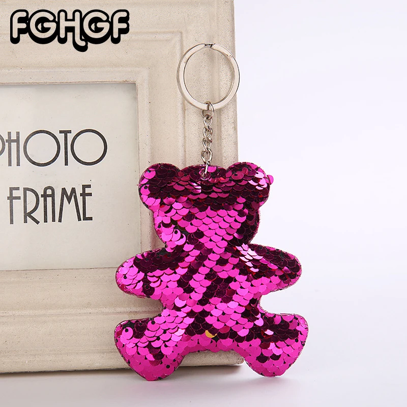 

FGHGF new sequins cute bear Keychain shiny reflective cartoon animal ladies personalized accessories bear bear car key pendant