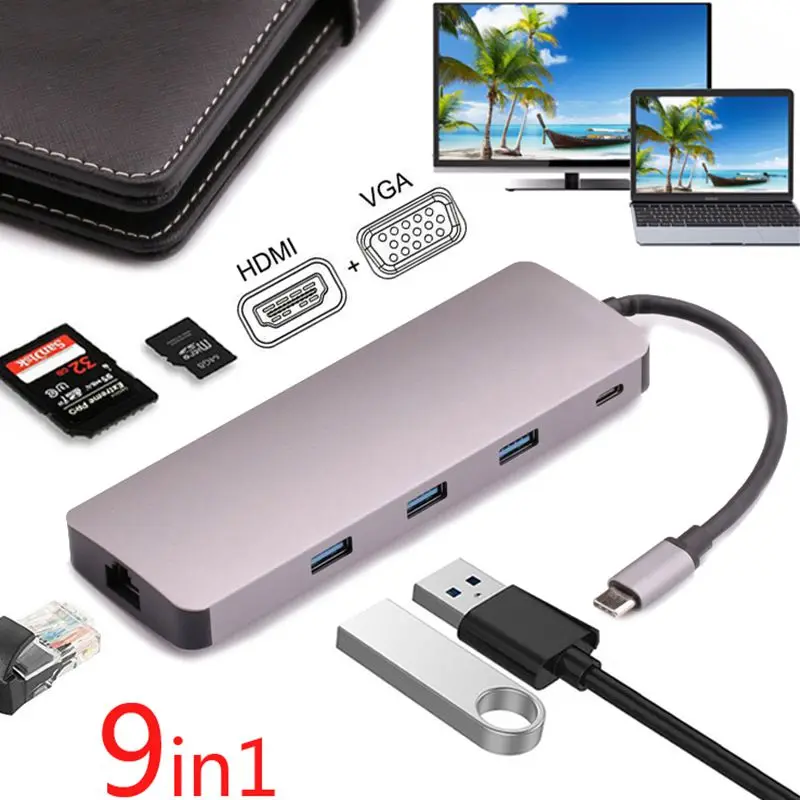 9 в 1 Тип C для питания 4K видео Hdmi Tv Vga 1000 Мбит/с гигабитный Ethernet Lan кабель адаптер 3 Usb