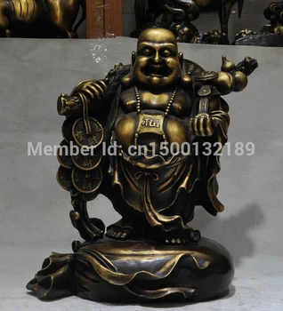 

xd 00114 22" Chinese Bronze Happy Laugh Maitreya Buddha Money Bag Ri Yi Coin Rich Statue