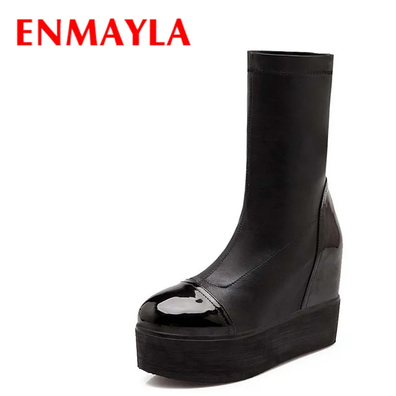 

ENMAYLA Mid-Calf Stretch Fabric Women Half Boots Wedges Snow Boots Fashion Size 43 Black Flats Platform Shoes Woman Boots