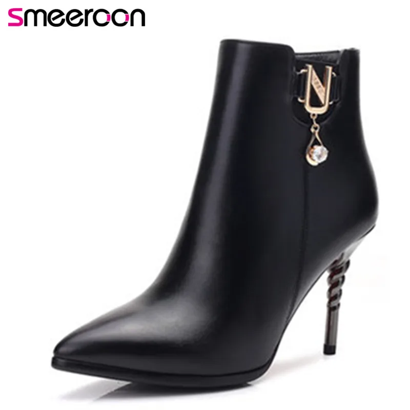 

Smeeroon 2018 new arrival autumn winter boots for women zip pointed toe super high heels ankle boots pu leather boots