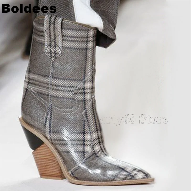 

Fashion Pointed Toe Scotch Plaids Designer Wedge Heeled Winter Slip-on Boots Real Leather Gladiator Booty