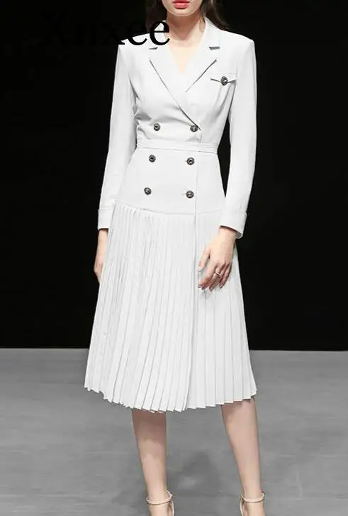 Xnxee Milan Подиум двубортный плиссированный длинный Тренч пальто стильный осень зима дамы Блейзер Пальто - Цвет: white
