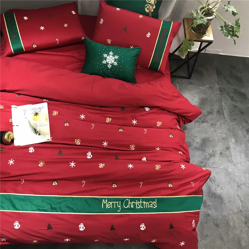 Günstige Königin König Luxus Rot Grün Weihnachten Bettwäsche sets Geschenke Ägyptische baumwolle Stickerei bettbezug bettlaken set Dekorative Kissen