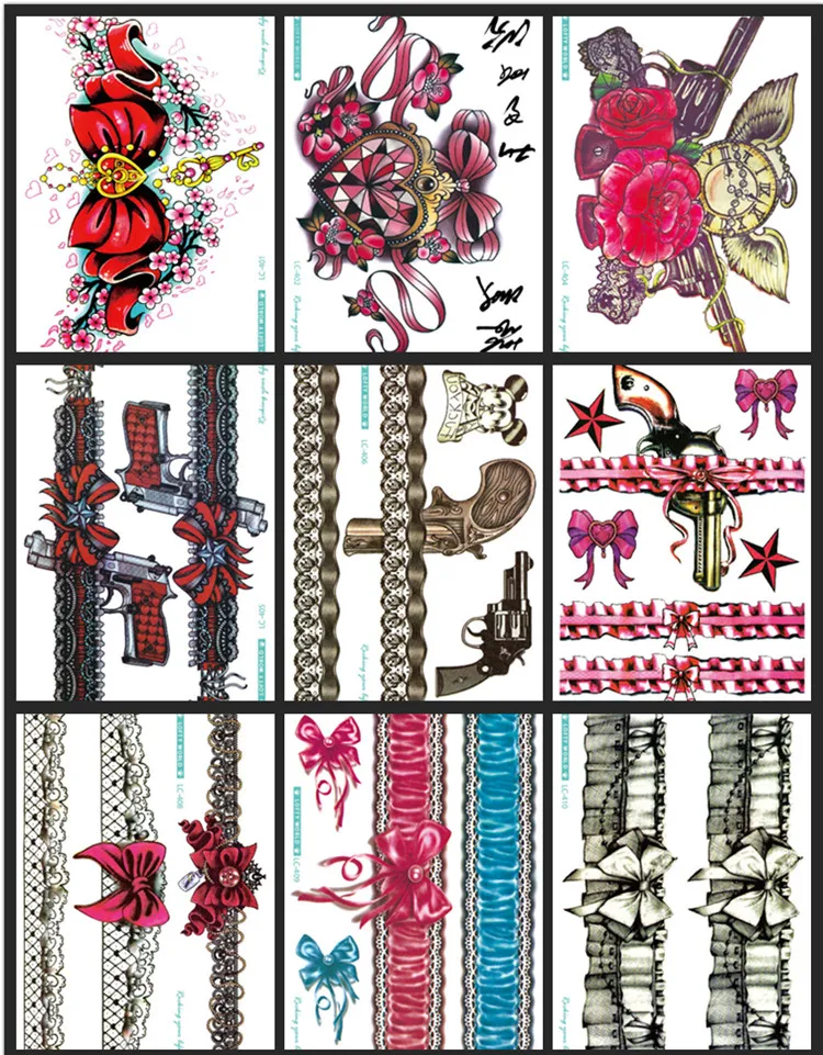 

LC-405/2016 Latest Cool Women's Temporary Body Tattoo Stickers Big Bow-tie With Lace Gun Black Red Tattoo Stickers