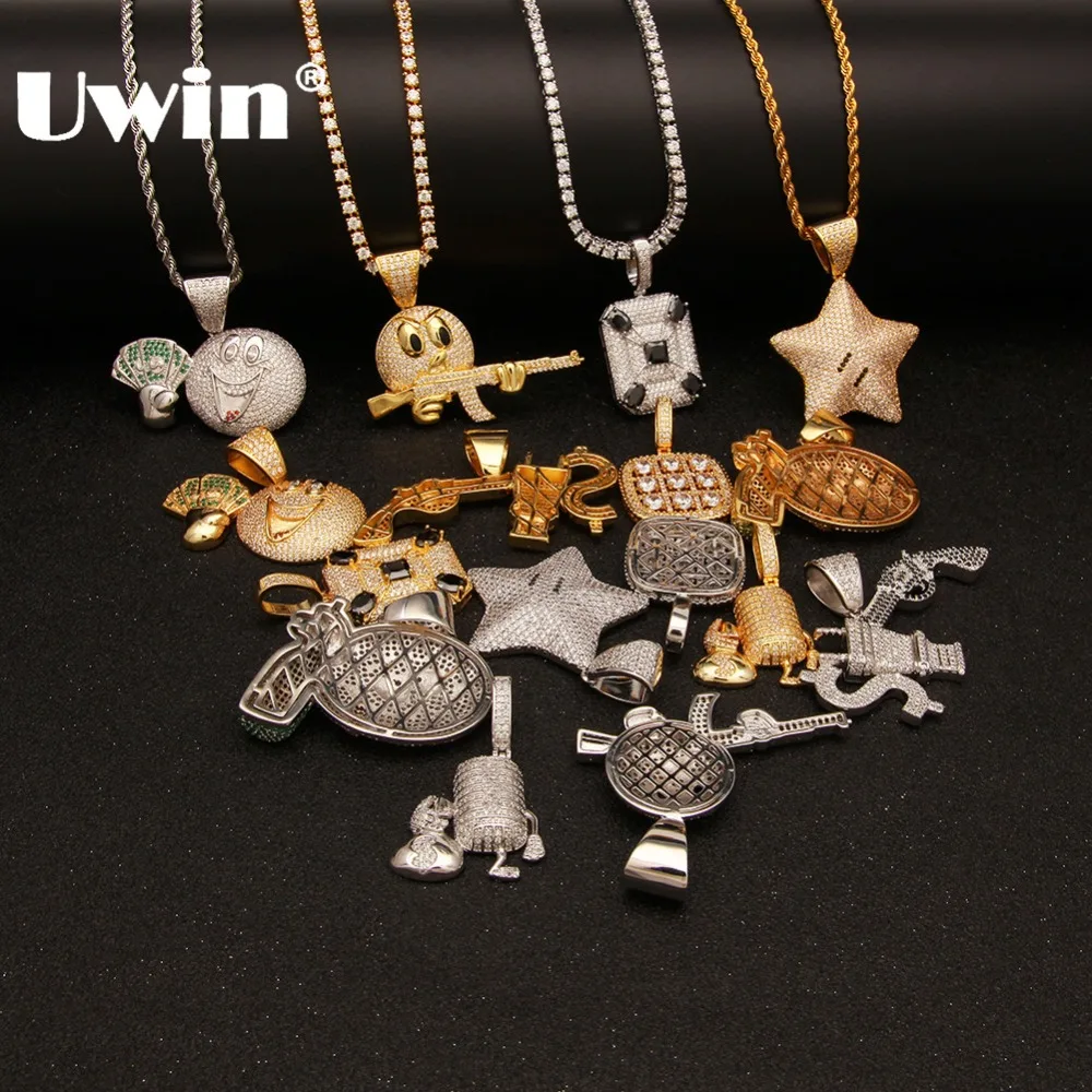 

Uwin 8 Styles Emoji Face Pendant Necklace Men/Women Silver/Gold/Double Gold Plating Full Bling Cubic Zircon Fashion Jewelry