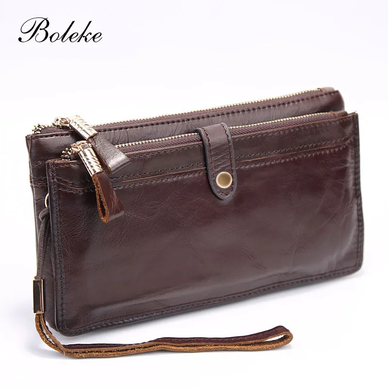 

2017 New First Layer Real Leather Clutch Men's Oil Wax Retro Card Holder Long Wallet Vintage Zipper Clutch Handbag for Man 9002