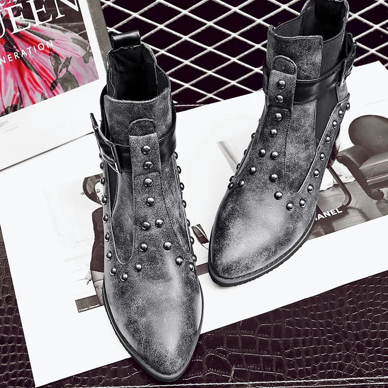 

Rivet Pointe Boots Ladies Spring/Autumn Large Size 43 Square Heel Ankle Boots Female Short Plush Walking Black Shoes For Women