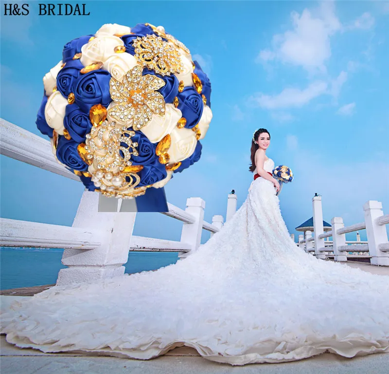 Королевский синий свадебный цветок Роскошный Золотой горный хрусталь цветы для невесты для свадьбы Настоящее фото свадьба Букет невесты подружки невесты