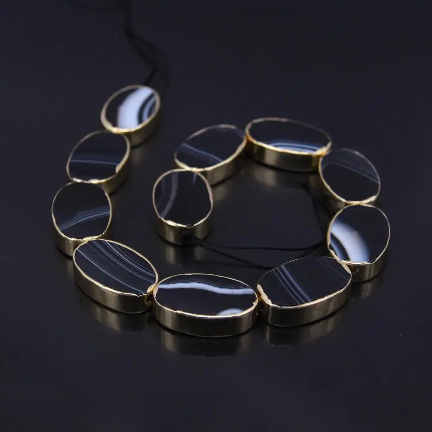 

20x30mm Natural Black Stripe Agates Flat Oval Slab Loose Beads,Gold Edged Achate Stone Slice Nugget Pendants Nekclace Jewelry