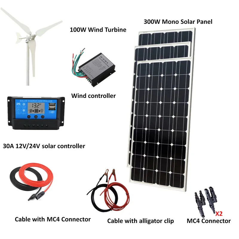 

400W/H Hybrid System Kit: 100W Wind Turbine Generator+300W Mono Solar Panel+wind Controller+30A Solar controller+Accessories