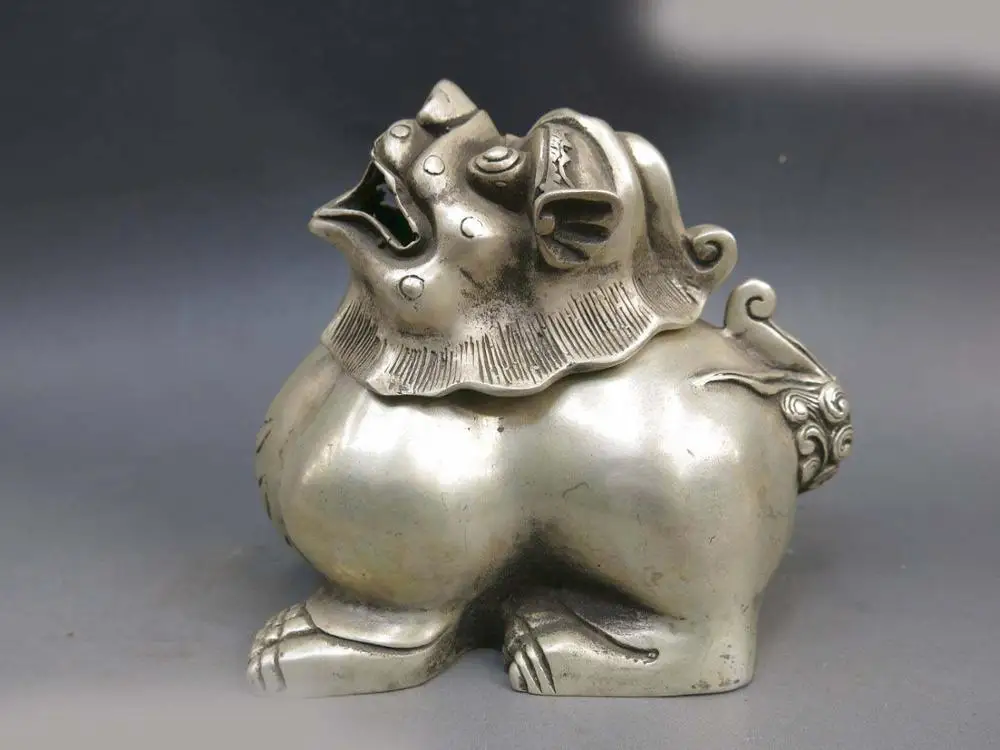 

DS Fine China silver carved good luck Foo Dogs Lion incense burner censer Statue