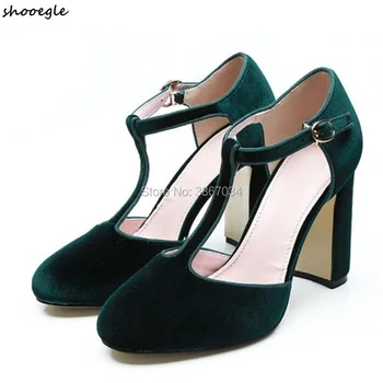 

SHOOEGLE Green Velvet T-Strap Sandals Round Toe Block High Heels Gladiator Buckled Pumps Dress Shoes Lady